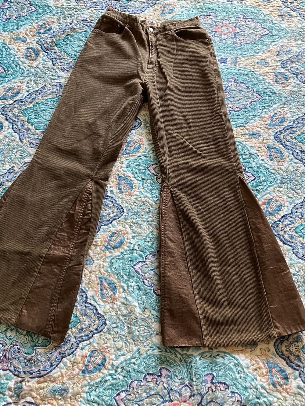 Brown Corduroy Flare Pants with Front Slits